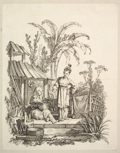Un uomo cinese seduto e una donna che porta un pesce, ca. 1742
