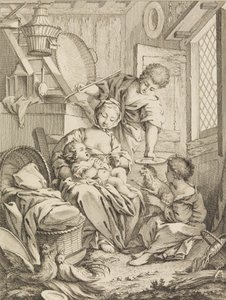 Tavola 1: Giovane donna che allatta il suo bambino, da Premier Livre de Sujets et Pastorales Fi..., 1720-72