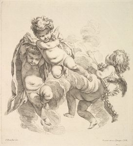 Tre bambini tra le nuvole che portano un drappo, 1738-45 da Gabriel Huquier