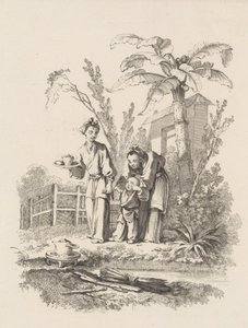 Due Donne che Conducono un Bambino verso una Teiera su un Tavolo vicino a uno Stagno, ca. 1742