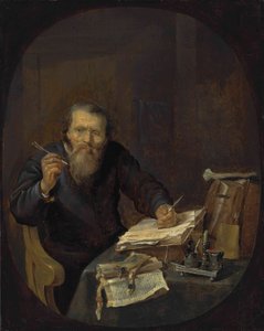Un notaio che affila la sua penna, in un interno da Gabriel Metsu