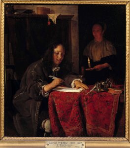 Lo scrittore. La serva tiene una candela per dare luce allo scrittore da Gabriel Metsu