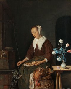 Donna che mangia, conosciuta come "La colazione del gatto", c.1661-64 da Gabriel Metsu