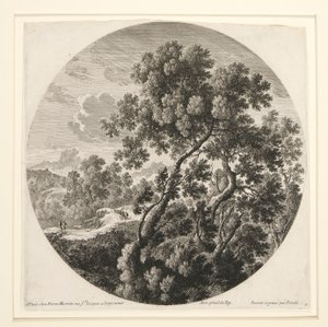Paesaggio con due viaggiatori e un castello; e pastore, pecore e bovini in un paesaggio, da una serie di sei paesaggi da Gabriel Perelle