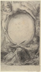 Cornice allegorica con un genio e una donna velata che scrive, 1769 circa (gesso nero su carta) da Gabriel de Saint-Aubin