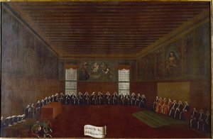 Vista della sala della Quarantena Criminale, Corte Suprema o Consiglio dei Quaranta. Dipinto di Gabriele Bella, XVIII secolo. Venezia, Fondazione Querini Stampalia