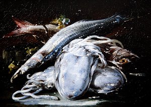 Calamari, cefali grigi e triglie rosse su un ripiano di pietra da Gaetano Cusati