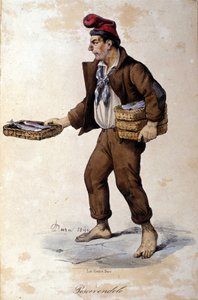 Piccoli mestieri di Napoli: il venditore di pesce (pescivendolo). Litografia di F. Dura