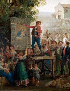 Un artista di strada che canta i miracoli della Vergine alla festa della Madonna dell