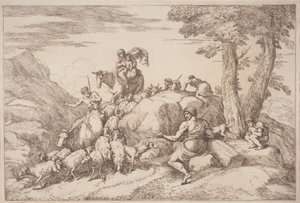 Un viaggio pastorale con una madre e un bambino a cavallo e un anziano pastore seduto