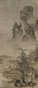 Paesaggio: montagne, torrente e case, periodo Muromachi, inizio XVI secolo da Gakuo Zokyu