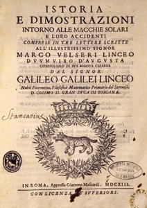 Pagina del titolo di Storia e dimostrazioni sui macchie solari e le loro proprietà da Galileo Galilei