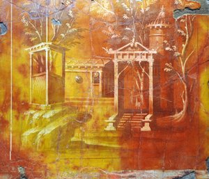 Arte romana: paesaggio architettonico con tempio e portale sacro dalla Villa dei Papiri da Gallo Roman