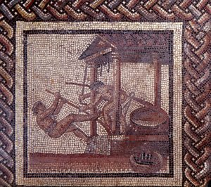 Arte gallo-romana: pavimentazione a mosaico che rappresenta un calendario rustico. Una pressa per olio. Fine II, inizio III secolo d.C. Da Saint-Romain-en-Gal (Rodano). Saint Germain en Laye, Museo Nazionale di Archeologia da Gallo Roman