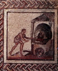 Arte gallo-romana: pavimentazione a mosaico che rappresenta un calendario rustico. Scena di panificazione. Fine II, inizio III secolo d.C. Da Saint-Romain-en-Gal. Saint Germain en Laye, Museo Nazionale di Archeologia
