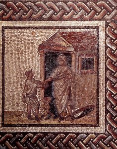 Arte Gallo-Romana: pavimentazione a mosaico che rappresenta un calendario rustico. Scena di celebrazione. Fine II, inizio III secolo d.C. Da Saint-Romain-en-Gal (Rhone). Saint Germain en Laye, Museo Nazionale di Archeologia
