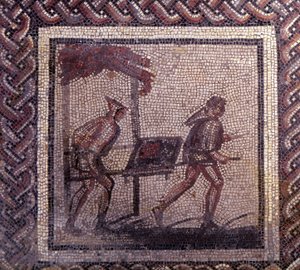 Arte gallo-romana: pavimentazione a mosaico che rappresenta un calendario rustico. Scena di trasporto del letame. Fine II, inizio III secolo d.C. Da Saint-Romain-en-Gal. Saint Germain en Laye, Museo Nazionale di Archeologia
