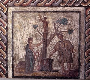 Arte gallo-romana: pavimentazione a mosaico rappresentante un calendario rustico. Scena di sacrificio a Cerere e Apollo. Fine II, inizio III secolo d.C.