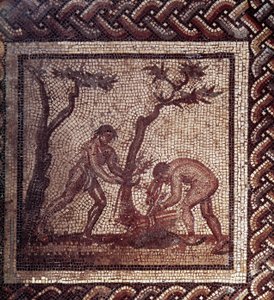 Arte gallo-romana: pavimentazione a mosaico rappresentante un calendario rustico. Scena di copertura. Fine II, inizio III secolo d.C.