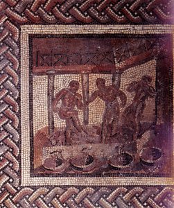 Arte Gallo-Romana: pavimentazione a mosaico che rappresenta un calendario rustico. Scena di pigiatura dell