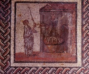 Arte Gallo-Romana: pavimentazione a mosaico che rappresenta un calendario rustico. Il lavoro con la mola. Fine II, inizio III secolo d.C. Da Saint-Romain-en-Gal (Rhone). Saint Germain en Laye, Museo Nazionale di Archeologia da Gallo Roman