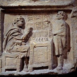 Arte Gallo-Romana: una panetteria. Un cliente compra il pane da un fornaio. Metz, Museo delle Belle Arti