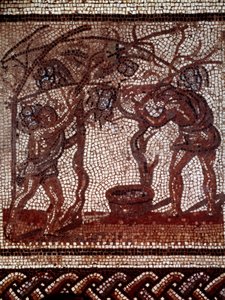 Arte gallo-romana: autunno: raccolta delle mele e vendemmia. Pavimentazione a mosaico che rappresenta un calendario rustico da Saint Romain en Gal. Fine II-inizio III secolo. Saint Germain en Laye, Museo delle Antichità