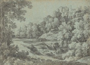 Paesaggio italiano con fortificazioni e cascata da Gaspard Dughet