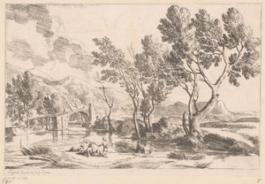 Paesaggio fluviale con ponte e pescatori