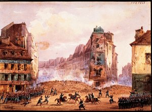 Scena dalla Rivoluzione del 1848, barricata di Rue Sainte Catherine nel mese di febbraio, di Gobaut, Francia da Gaspard Gobaut