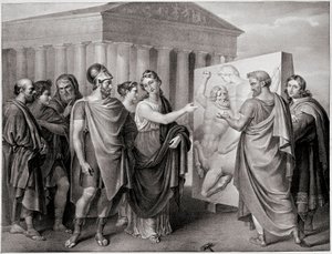 Politico ateniese Pericle (495-429 a.C.) e Aspasia sua compagna dirigono il lavoro di Fidia per il Partenone ad Atene. Incisione da un dipinto di Gaspare Landi (1756-1830). 19° secolo da Gaspare Landi