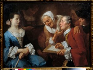 Un pittore e il suo modello, dietro di lui una vecchia allunga il collo per guardare il suo disegno. Dipinto di Gaspare Traversi (1732-1769) 1754 Sole. 0,99x0,73 m da Gaspare Traversi
