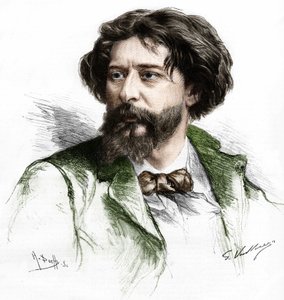 Ritratto di Alphonse Daudet (1840-1897), scrittore francese. Incisione di A. Pochy dopo Gaston Vuillier, sd. fine XIX secolo da Gaston (after) Vuillier