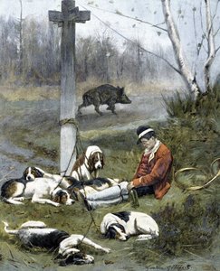Il cacciatore e i suoi cani assonnati - incisione di Gaston Gelebert