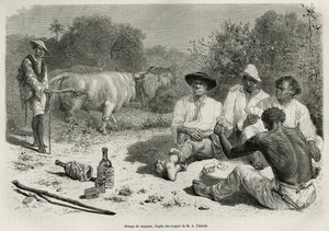 Un gruppo di vaqueros che giocano a carte e bevono alcolici, vicino alle loro mandrie di buoi, incisione dal disegno di G. Vuillier, per illustrare il racconto De Cayenne aux Andes, di Jules Crevaux, medico della marina francese, nel 1878-1879, pubblicato  da Gaston Vuillier