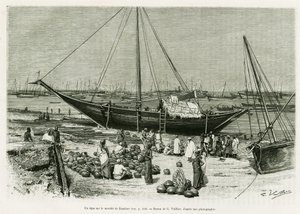 Un tepe nel mercato di Zanzibar (Tanzania). Incisione di G.Vuillier, per illustrare il racconto Viaggio tra i Benadir, i somali e i Bayoun, nel 1882 e 1883, di G.Revoil, in Le Tour du monde 1888, a cura di Edouard Charton (1807-1890), Hachette, Parigi