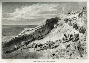 Akabah o fila di cammelli della carovana. Incisione di G.Vuillier, per illustrare la storia "pellegrinaggio al Nedjed, culla della razza araba", di Lady Anna Blunt, nel 1878-1879, pubblicata in Le tour du monde, sotto la direzione di Edouard Charton (1807-