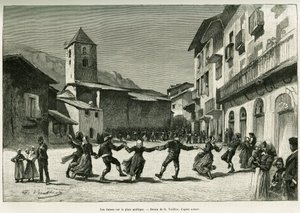 Danza nella piazza pubblica. Incisione di G.Vuillier, per illustrare il racconto La valle d