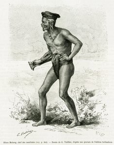 Sibou Mobang, capo dei cannibali. Incisione di G.Vuillier, per illustrare la storia De Koutei a Bandjirmasin, viaggio attraverso il Borneo, di Carl Bock, in le tour du monde 1890, diretta da Edouard Charton (1807-1890), Hachette, Parigi. da Gaston Vuillier