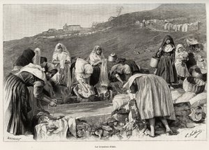La lavandaia di Osilo (Italia), donne raccolte intorno al bacino