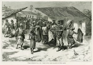 Il villaggio di Bakourou, gli indigeni ricevono doni per le negoziazioni di pace. Incisione di G.Vuillier, per illustrare la storia Dans les ténèbres de l