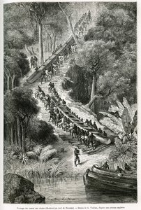 Trascinamento delle canoe alle cascate di Innkissi (o cascate di Livingstone) (Congo), sotto la direzione di Sir H.M.Stanley (1841-1904), disegno di G.Vuillier, per illustrare la storia 
