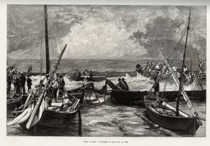 Pesca del tonno (mattanza): la camera della morte, i tonni pressati in uno spazio ristretto sono coperti dagli arpioni dei pescatori. Incisione e storia “La Sardaigne” di Gaston Vuillier (1845-1915), nel 1890, in Le tour du monde, nouveau journal des voyag da Gaston Vuillier