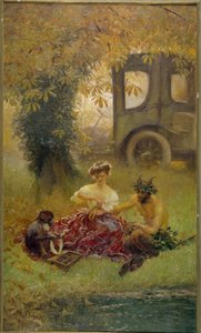 Una giovane donna assistita da una scimmia cura un animale selvatico da Gaston de la Touche