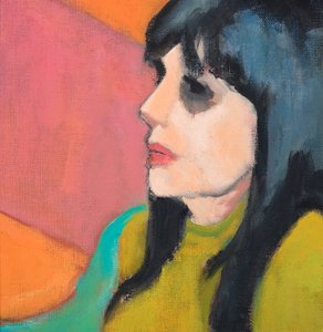 Capelli neri, maglione di lime, 2017 (olio su tavola di tela) da Genevieve French
