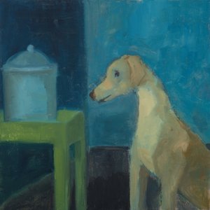 Cane giallo con barattolo di biscotti, 2020 (olio su tela)