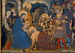 Adorazione dei Magi, dettaglio della Vergine e del Bambino con tre re (dettaglio)