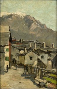 Case lungo una strada vicino a una montagna (Innsbruck?) da Geo Poggenbeek