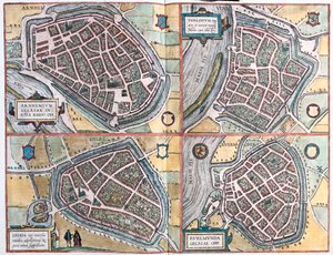 Arnhem, Geltre, Venlo, Roermond - Paesi Bassi- in "Civitates Orbis Terrarum" di Georg Braun, Colonia 1617 da Georg Braun