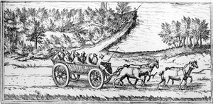 Carrozza con Passeggeri in Francia, dettaglio di una Mappa, fine XVI secolo da Georg Braun und Franz Hogenberg
